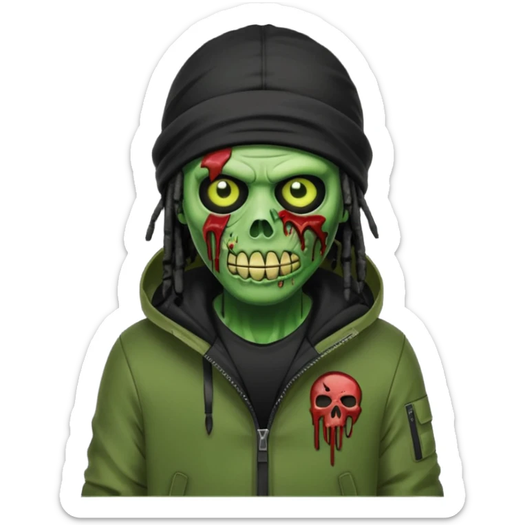 a zombie emoji with black dreads and a black nike jacket and black nike ski mask on his head sticker