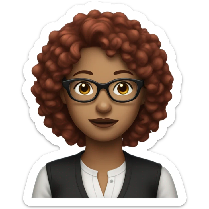 woman with glasses, blue eyes, curly burgundy hair, hair length to the soulders, dressed all black sticker