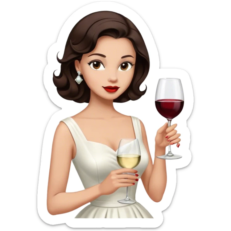 Beautiful woman in 1950’s woman fashion look, white dress, long hair, wine, dark brown hair sticker