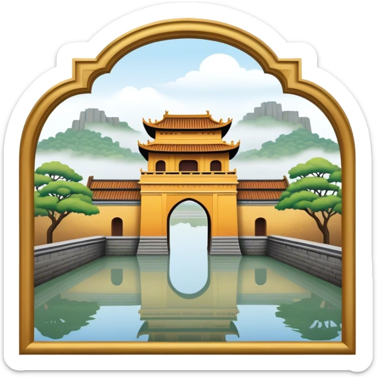 Cinematic Realistic Imperial City of Hue Landmark Emoji, capturing the ancient citadel’s weathered walls, intricate gates, and traditional Vietnamese architecture, surrounded by a misty, tranquil moat. sticker