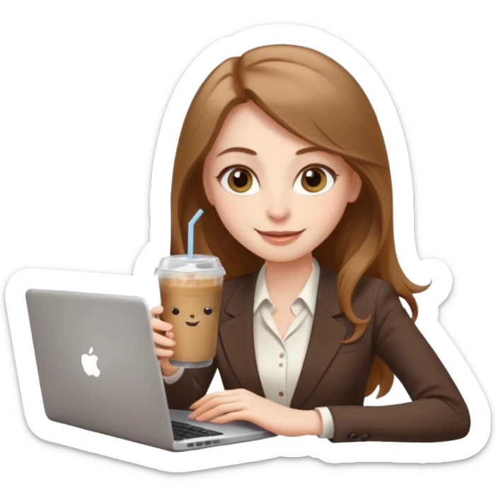 Women in front of laptop with a happy face, face a little fuller, long light brown hair, light brown big eyes, light pale skin with a iced coffee on the side, business attire sticker
