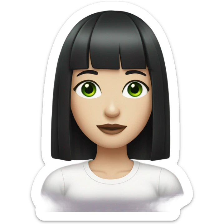 Pale girl with green eyes, black hair with bangs wearing a white graphic tee sticker