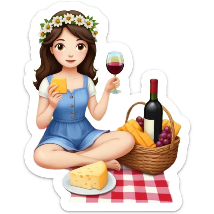 brunette girl with flowers in her hair, sitting on a picnic blanket with cheese and wine sticker