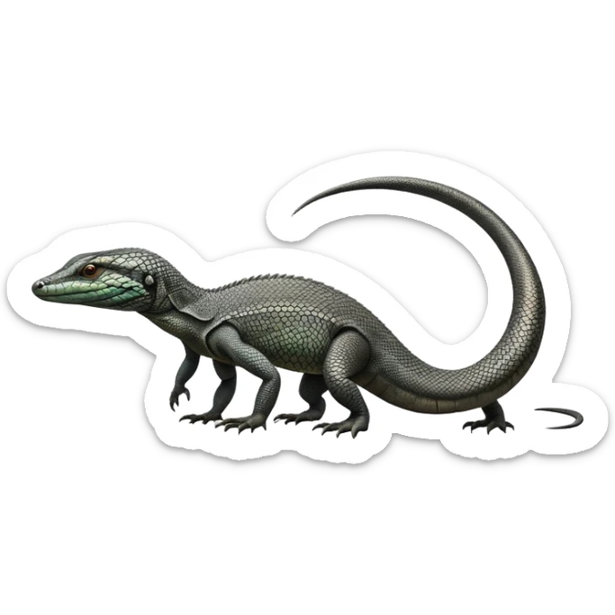 cinematic-monitor-lizard-realistic-full-body-standing-emoji,-long-powerful-tail-dragging-slightly-behind,-sleek-scaled-body-textured-with-rich-patterns,-head-tilted-dramatically,-dark-intense-eyes-observing-its-surroundings,-simplified-yet-realistic-focused-features,-highly-detailed,-glowing-with-an-almost-sarcastic-glow sticker