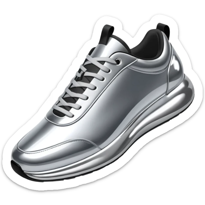 A pair of futuristic sneakers emoji made of silver chrome, sleek streetwear design, smooth metallic panels, subtle reflections, luxury swag aesthetic, iOS emoji style, centered, clean white background sticker