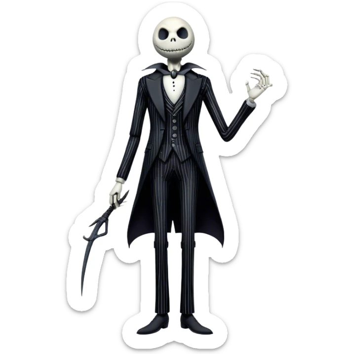 Full body view Cinematic 3D ultra realistic 32K HD image of Jack skellington, stunning detail as though captured in a timeless photograph, rich textures, visually rich, so lifelike that it feels like it could leap off the page at any moment sticker