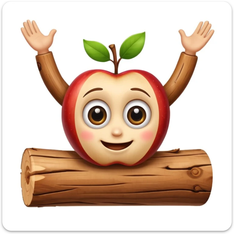 caricature of a smiling wooden log with big eyes, arms raised, apple emoji style, white background, cute and colorful sticker