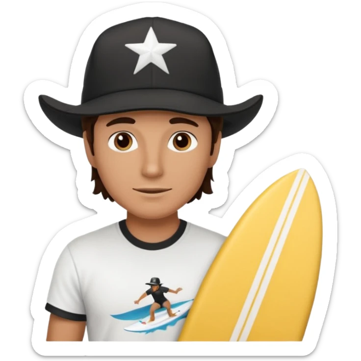 Male brunette movie producer black baseball hat that says surfing cowboys with white tshirt sticker