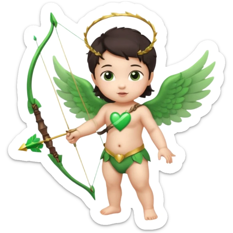 cupid asian baby flying full body with wings with brown eyes and dark hair handled bow and arrow directed to green heart and looking to heart sticker