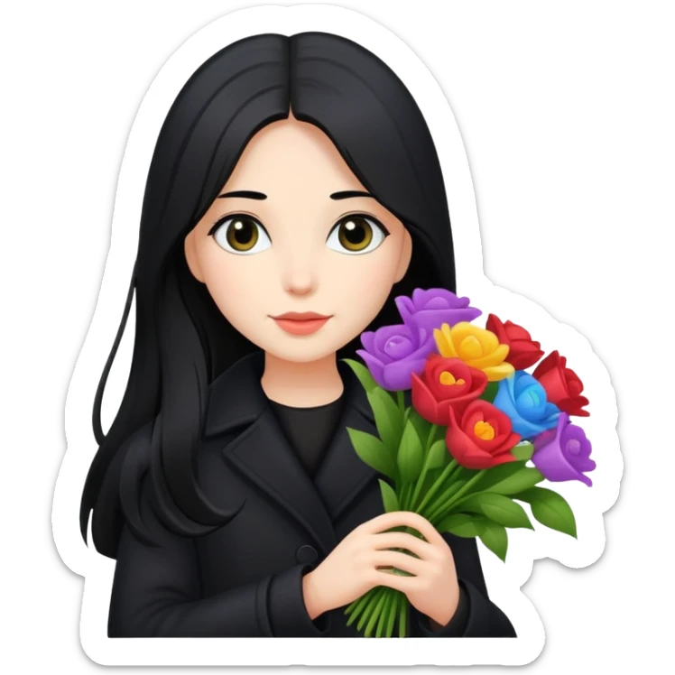 beautiful girl with long black hair wearing a black coat holding a bouquet of flowers sticker