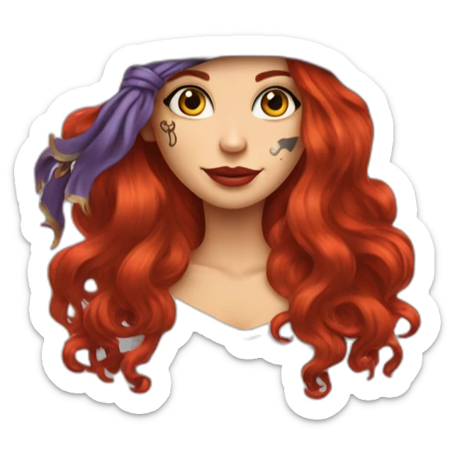 Woman long red hair. Hair hanging to one side only and hairstlye is a single platt, tattoo on side of head.  pirate hat. skull and crossbones t shirt sticker
