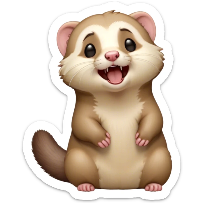Cinematic Cute Yawning Ferret Portrait Emoji, Head tilted slightly with an exaggerated, wide-open yawn, showcasing a long, flexible body with a plush coat in soft brown and cream, droopy, drowsy eyes, and a relaxed expression, Simplified yet irresistibly endearing features, highly detailed, glowing with a soft, cozy natural glow, high shine, relaxed yet expressive, stylized with a dash of whimsical charm, soft glowing outline, capturing the essence of a sleepy yet affectionate ferret that seems ready to curl up for a nap! sticker