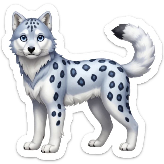 Realistic lanky natural feral beautiful pretty "Schnolf"-"TaniDaReal"-Husky-Snow-leopard-wolf-Jaguar-hybrid-fusion-animal-creature, full body, with whiskers, thick long fluffy puffy limp feline tail sticker