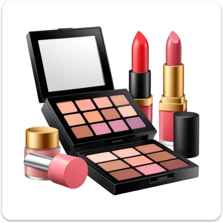 makeup products all together in one piece of png, lipstick, blush, powder, etc sticker