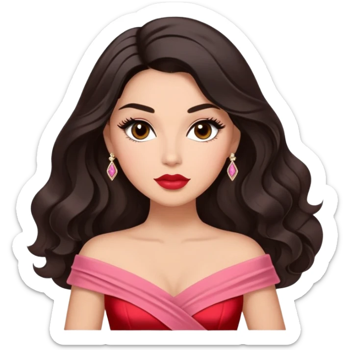 A woman with lighter almond-toned skin, voluminous dark hair in waves, expressive eyes with soft lashes and shimmer, full lips with a glossy nude-pink color, wearing a red dress and a white crossbody sash with “Miss San Juan” in black letters, exuding elegance and confidence. sticker