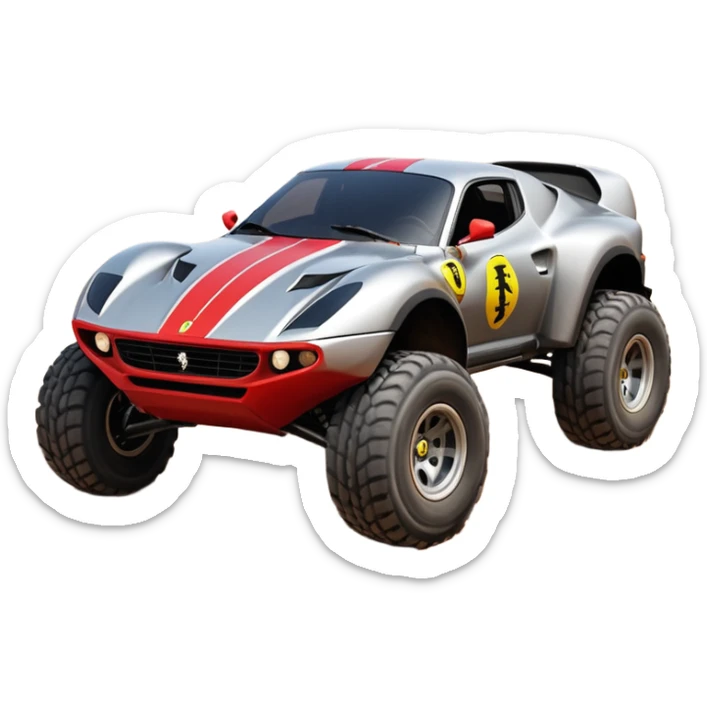 Satan’s and Vader (post race) Ferrari -colored Dirty and dented Local Motors Rally Fighter off road race car hot rod trophy truck-style basher flying on a dusty road (silver wheels) sticker