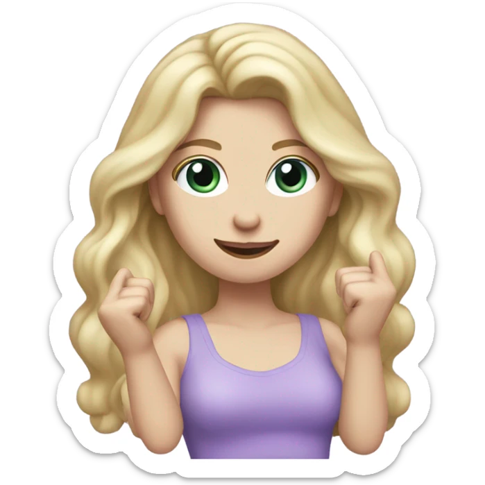 Woman, white skin, pale skin, long hair, blonde hair, wavy hair, lavender top, finger guns sticker