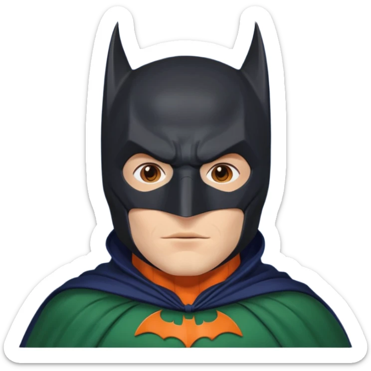 generate a batman emoji with just the face and neck showing and part of the cloak and and wings. Shade the bat logo on the chest in a medium green with a slight olive touch. Shade the mask in dark navy blue. Shade the cloak in a solid vibrant orange.

 sticker