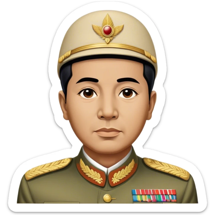 ​Cinematic Realistic Portrait of Sukarno, depicted in a lifelike, realistic style based on his iconic portrait, showcasing his thoughtful, charismatic expression in period attire, rendered with detailed textures and warm, evocative lighting that captures his pioneering spirit and national pride, sticker