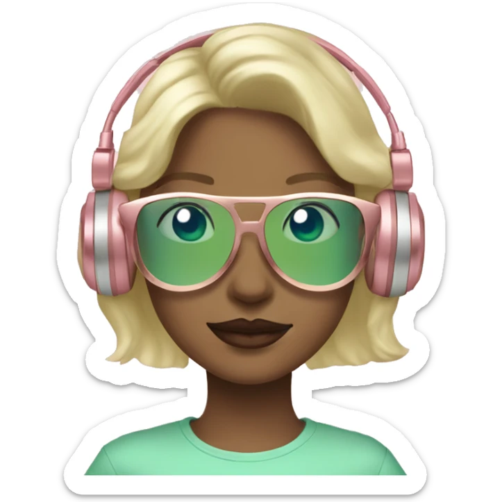Girl with blonde hair, blue eyes, and pink lips with rose gold headphones on and light green translucent glasses on  sticker