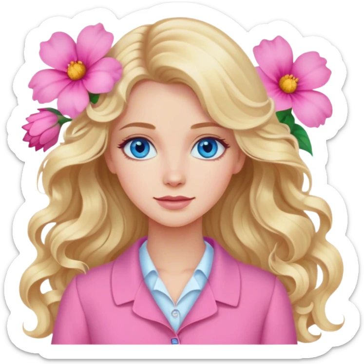 Blonde blue eyed women with long wavy hair pink flower background pink clothing sticker