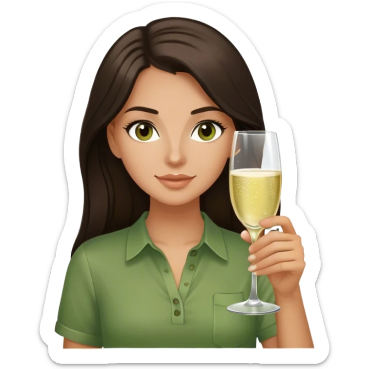 White girl with long dark brown hair and brown eyes and a green shirt with glass of champagne  sticker