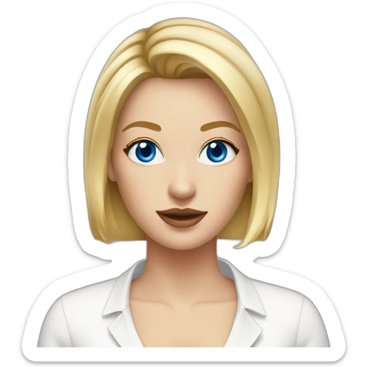 woman with blue eyes and bob blonde hair wearing a white button up and golden hoop earrings sticker