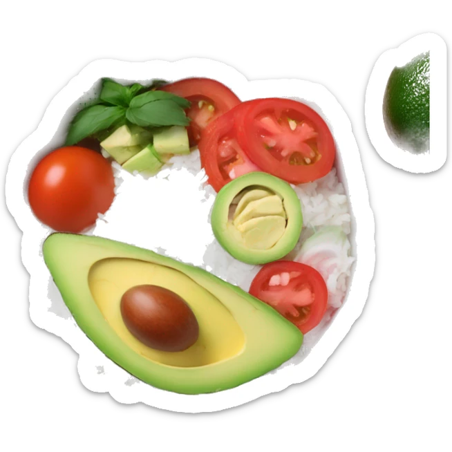 a big bowl with white rice, tomatoes, green sliced paprika, sliced avocado and pink joghurt sticker