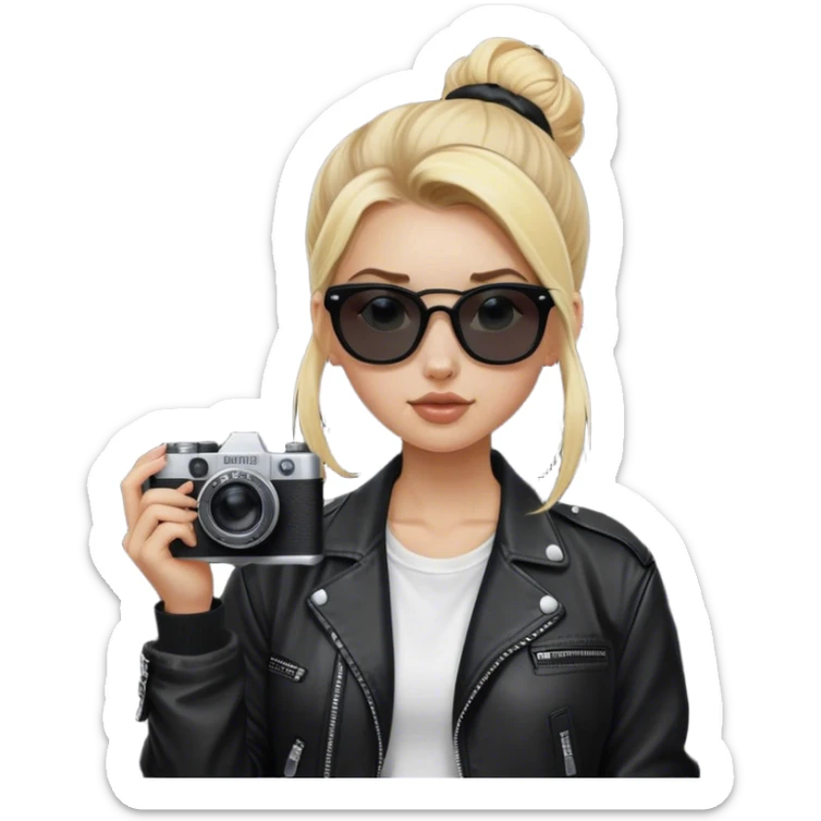 Blonde white girl with film camera wearing blackout sunglasses where you can’t see her eyes with a high bun. She’s wearing a white t shirt and a black baggy leather jacket. Givevh sticker