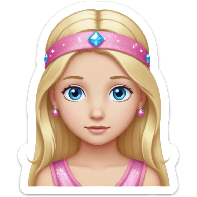 Girl with long blonde hair and blue eyes wearing a pink sparkly headband sticker