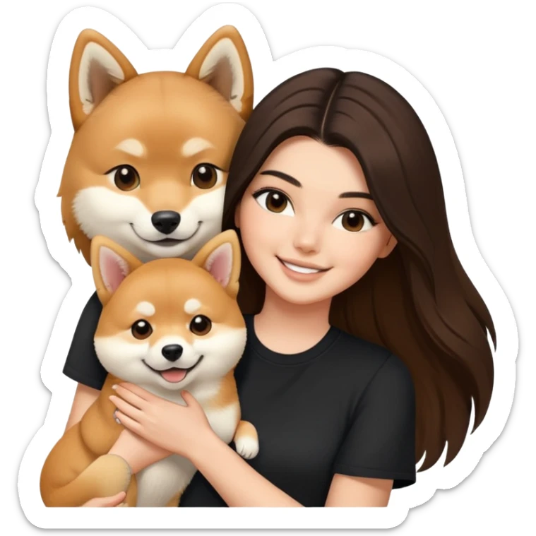 brunette Kendall Jenner with long hair holding on the hands a smile Shiba Inu wear on black shirt sticker