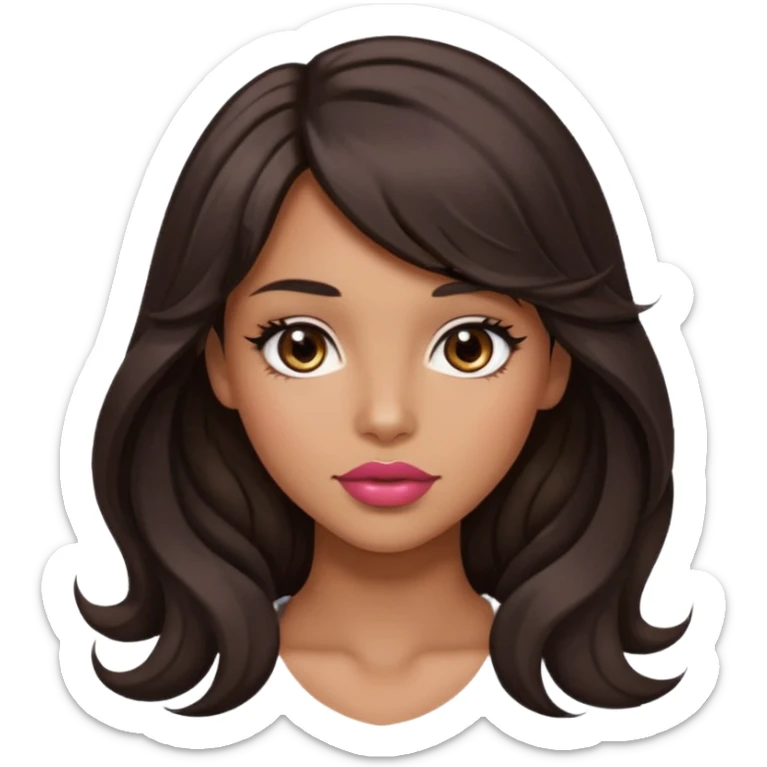 beautiful girl with black wavy long hair and side-swept bangs, tan skin, rose-coloured lips and hazel eyes who looks like a model sticker