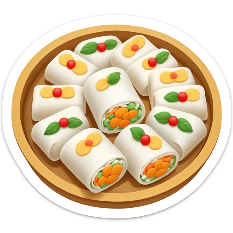Hangzhou Pian Er Chuan steamed rice cake rolls with fillings, simplified emoji style with bold outlines and bright colors, cartoon style local specialty snack sticker