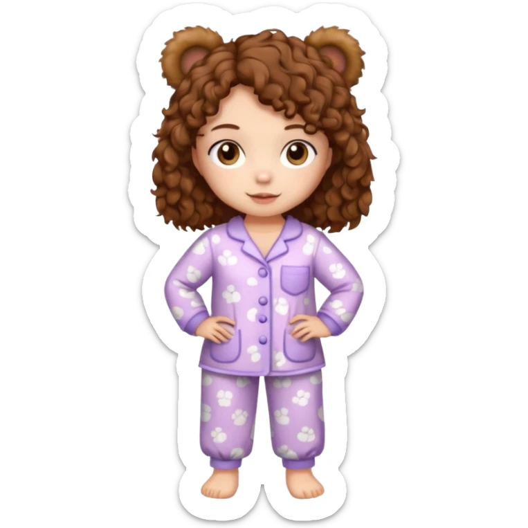 Woman with brown eyes, brown curly hair, white skin, full body in cute pijama bear sticker