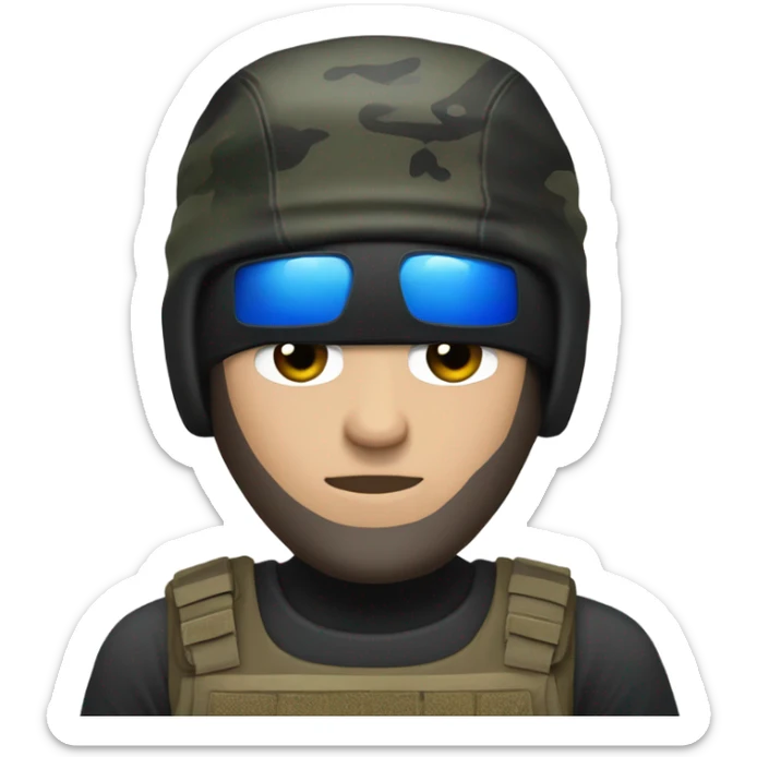 White male, call of duty black mask, camo tactical gear, camo pants, combat boots, black beanie, blue eyes sticker