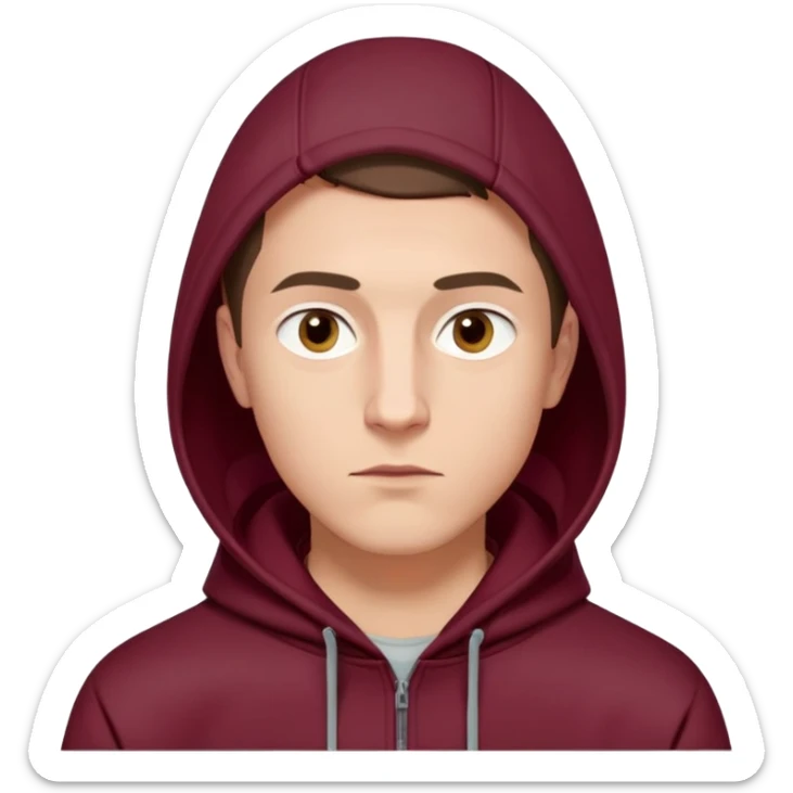 young European male with short buzzcut brown hair, smooth skin, wearing a maroon hoodie with the hood up, oval-shaped face, defined jawline, high cheekbones, sharp focused eyes under straight prominent eyebrows, calm neutral expression sticker