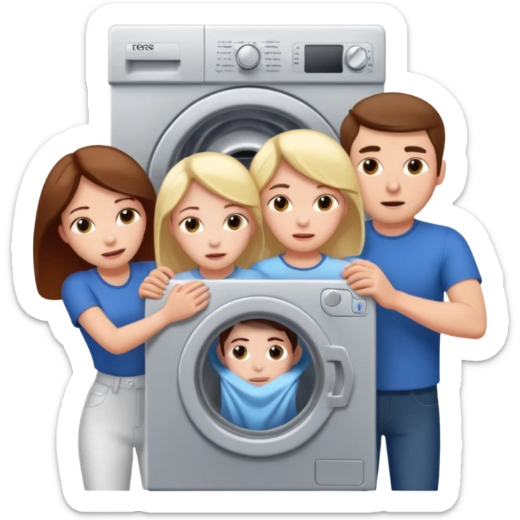 Eine Frau mit dem Kopf  in der Waschmaschine feststeckt und zwei Männer die hinten an ihr ziehen um ihr zu helfen  sticker