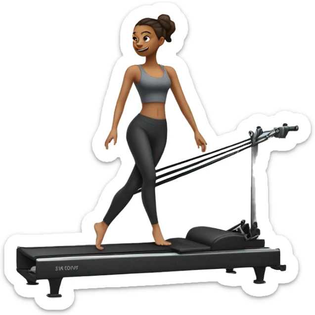 Girl on a Pilates reformer machine, mid-exercise, wearing leggings and a top






 sticker