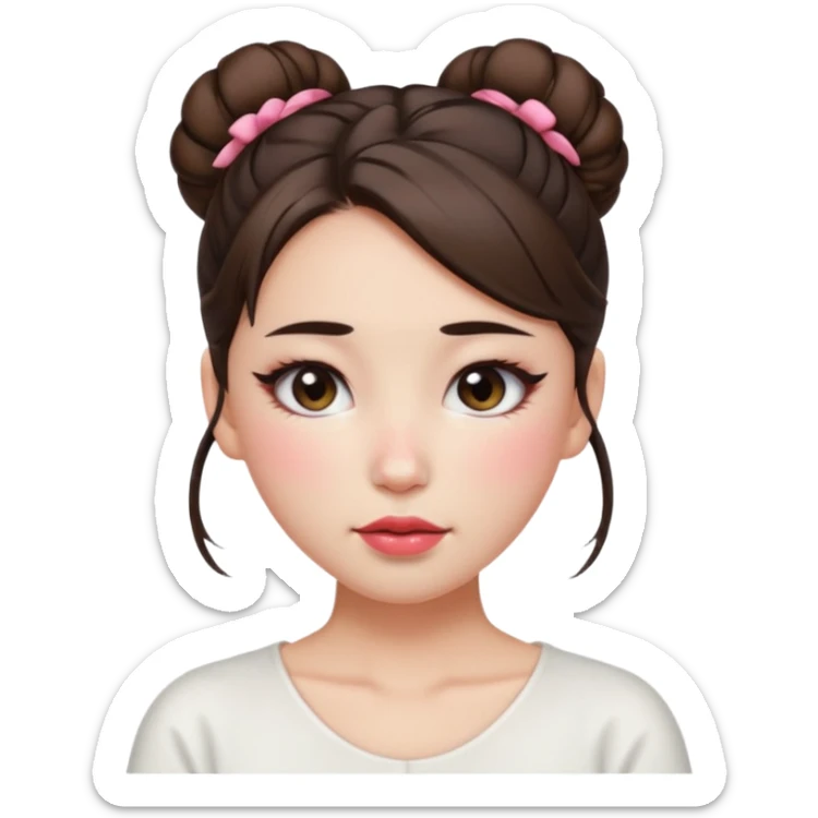 “japanese style Emoji brunette girl hair in bun white top, dewy skin, heavy blush across cheeks and nose bridge, glossy cherry lips, soft eyeliner, teary sparkling eyes sticker