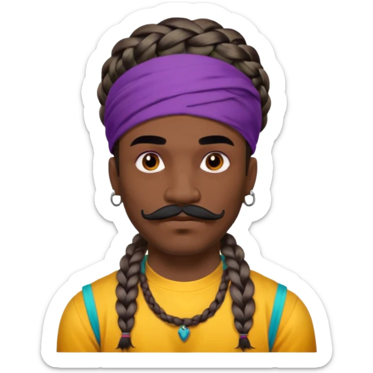 big lose braids starting from the top of the head man with mustache face wiith big visible braids and mono color headband on head  face and braids as big as headband and lots and lots of face tattoos colored tattoos like a tattoo artist hair unique color sticker