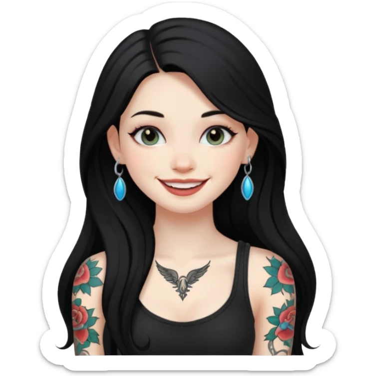 an ios genmoji for a fair girl with black long hair  tattooed, beautiful girl sticker