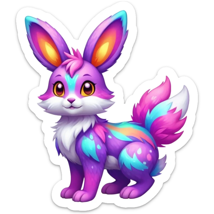 Vibrant multicolored neon-colored Falvie-Fionbri-creature-sparkle-bunny-hybrid-fursona, full body, fur pattern-markings sticker