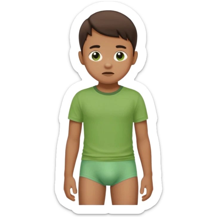 A kid wearing a poopy underwear with a green t-shirt sticker