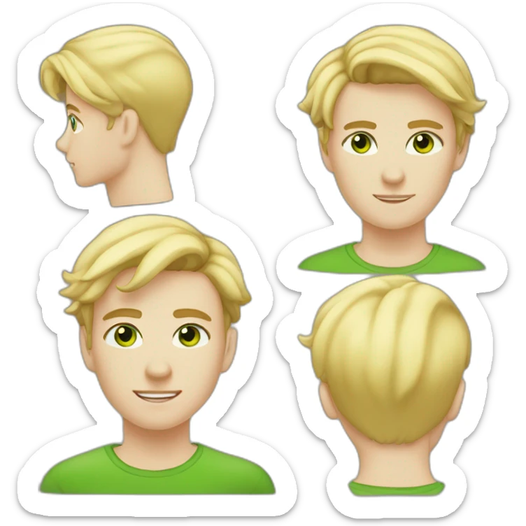 young 20 yearl old boy, blond shaved hair wearning earring, green eyes and moustache sticker