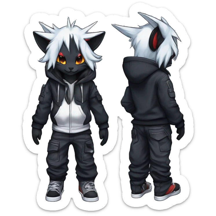 Cool Dark Anthro Chibi Absol-Noivern-Litten-Lynx-Pokémon with edgy stripes hoodie spiked collar punk techwear Cargo Pants Full Body sticker