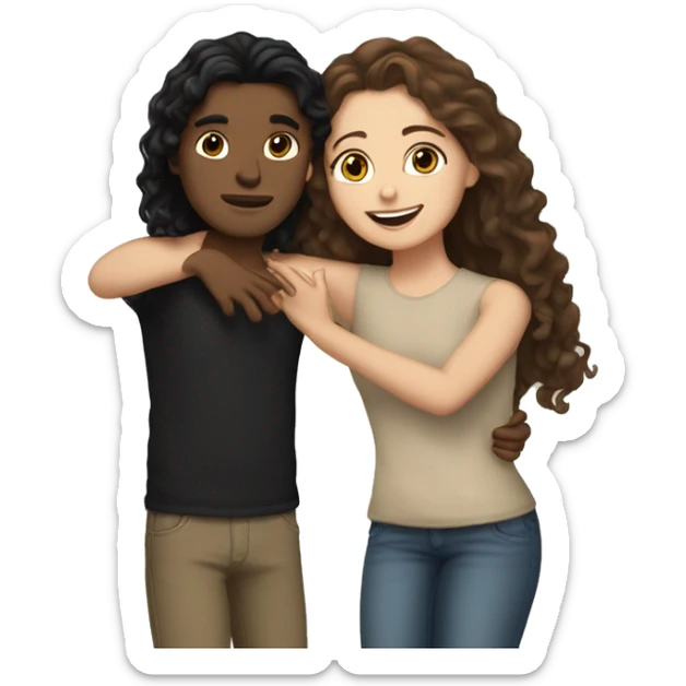 Make a white girl with black long and straight hair hugging a tan boy with brown curly hair sticker