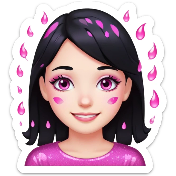 smiling girl with black hair, pink glitter tears, no heart eyes sticker