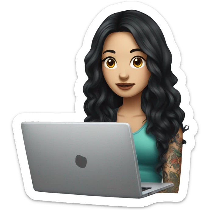 beautiful girl with tattoos, with long black hair, wavy hair, chinese, with laptop sticker