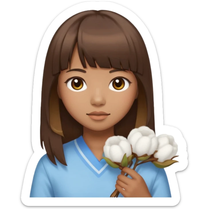 Sorta Chinese dark tan girl with straight brown hair with highlights and bangs holding cotton sticker