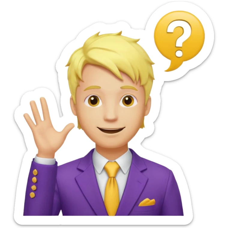 make his skin and hair yellow, he's smirking and looking in the left corner, add question marks abobe his head sticker